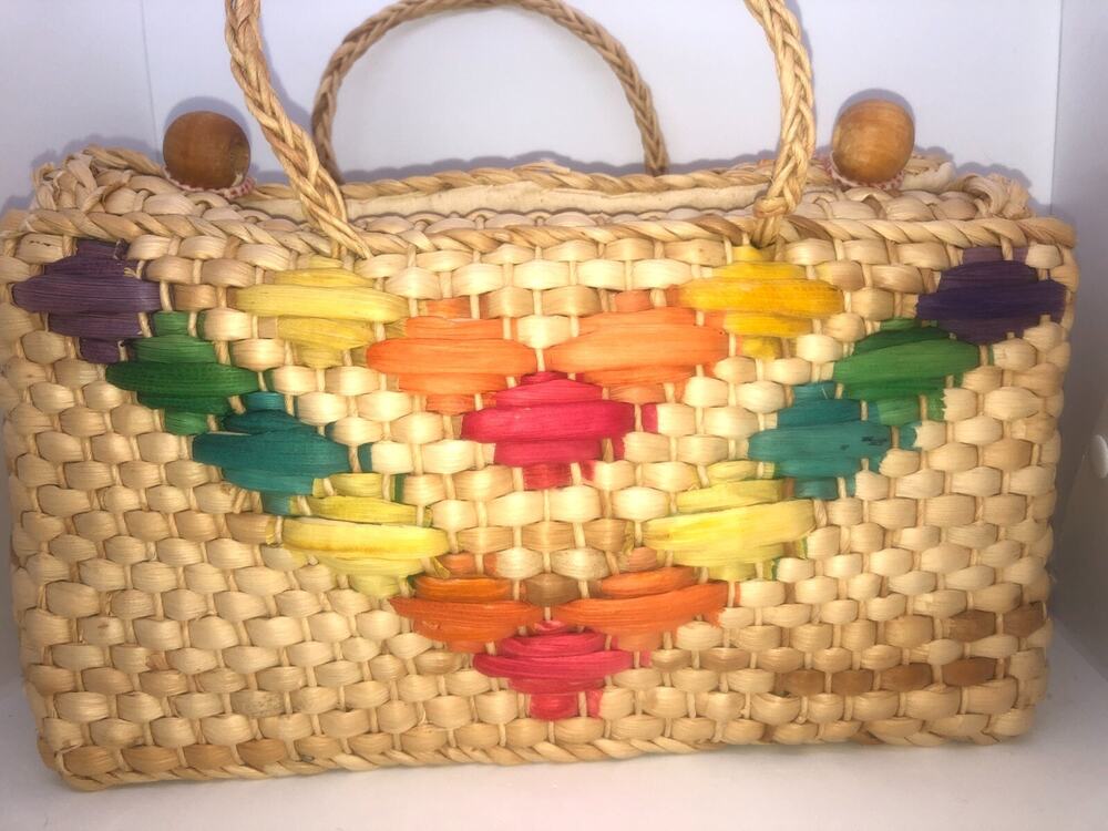Vintage Colorful Straw Tote Handbag Lined Folded Toggle Closing 12" x  7" x 4.5"